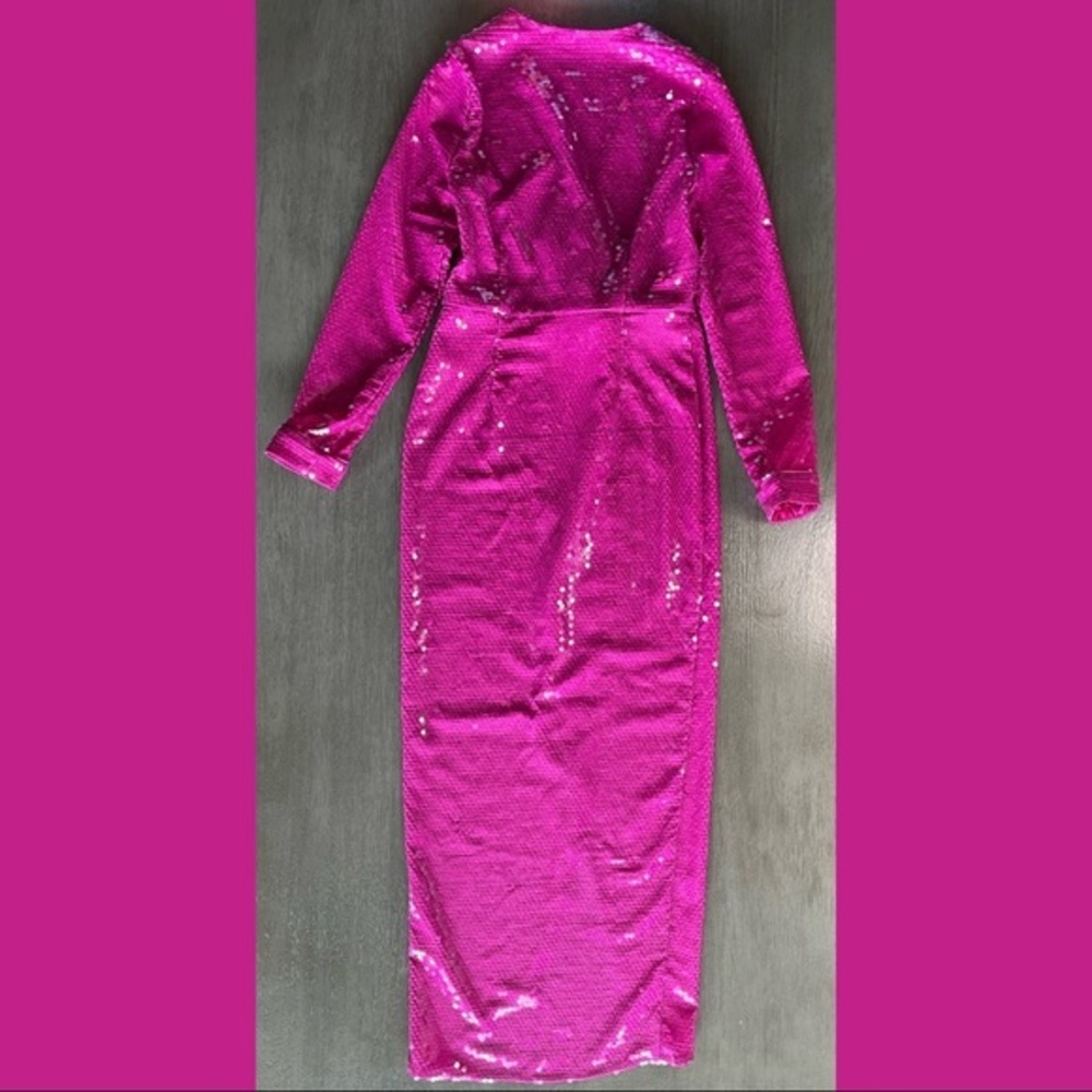 💛 Fleur Du Mal Designer Prom Pink Sequin Wrap Gown With Slit And Long Sleeves - Picture 5 of 15